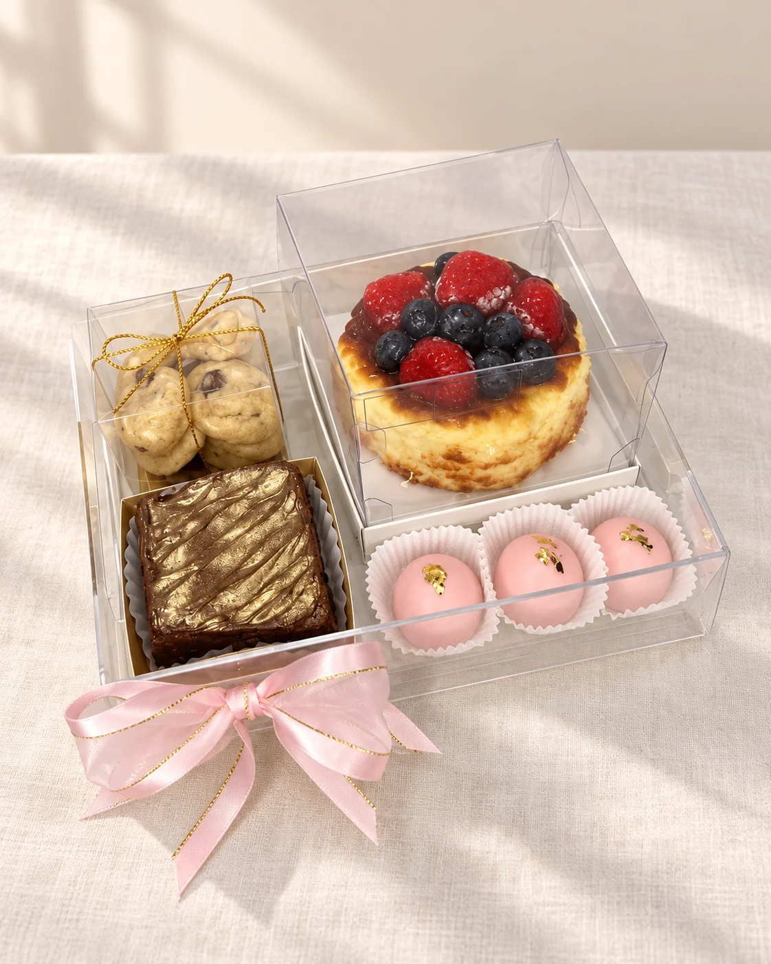 Detalle Golden Rosa: torta vasca con frutos rojos, brownie, galletas y bombones