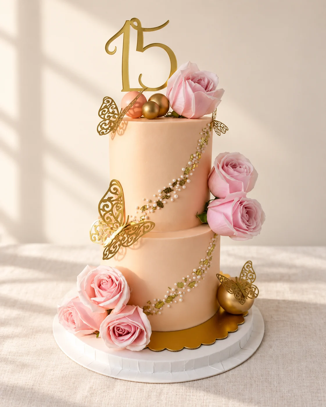 Torta de dos pisos con rosas y mariposas doradas