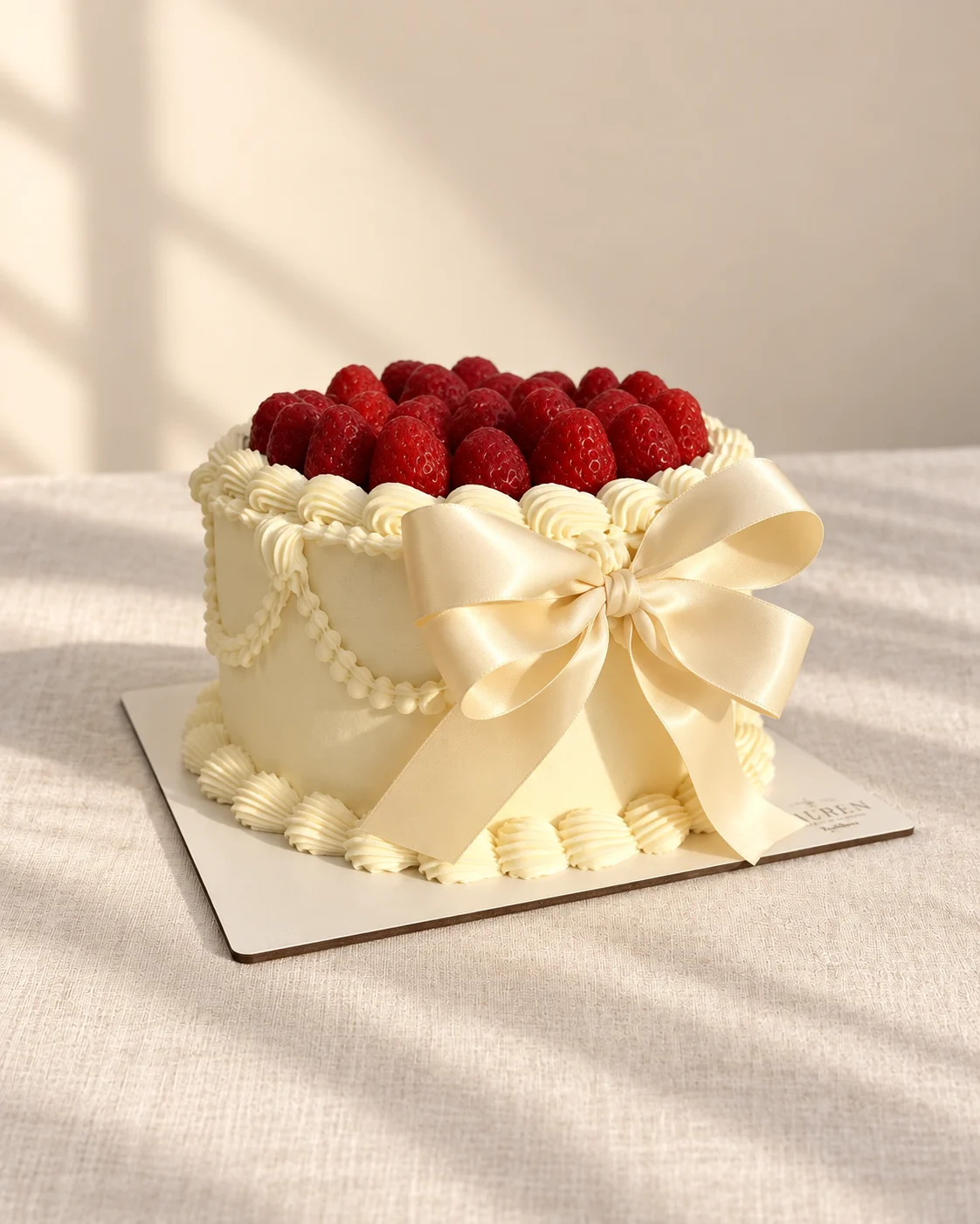 Torta vintage crema, decorada con frutos rojos y un moño de satén